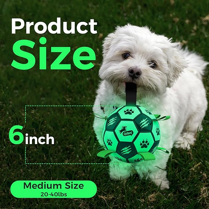 QDAN Premium Dog Ball, Glow in The Dark Dog Toys, Light Up Soccer Ball for Dogs, Outdoor Dog Toys, Doggy Water Toy, Puppy Birthday Gifts for Small Medium (6 Inch)