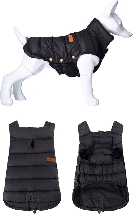 SPACE LION Dog Puffer Jacket, Down Winter Coat, Durable Outdoor Coat for Cold and Windy Conditions, Lightweight & Adjustable Fit Coats for Medium & Large Dogs, (Onyx Black, Size 16 Gift Box)