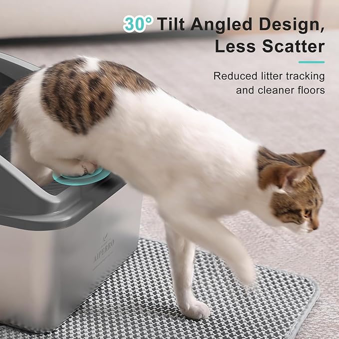 Stainless Steel Litter Box | XXL Deepened 8" Design Enclosed Box with Lid for Big Cats | High Sided, Anti-Urine Leakage | Non-Stick Bottom & Includes Litter Mat & Metal Scoop