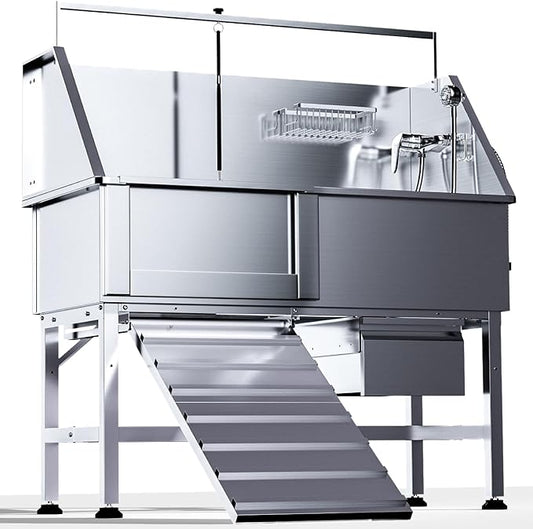 46" Dog Washing Station, Professional Stainless Steel Dog Bathtub w/Ramp & Storage Drawer, Adjustable Grate, Non-Slip Design, Perfect for Home Grooming & Large Dogs (46" Left Ramp)