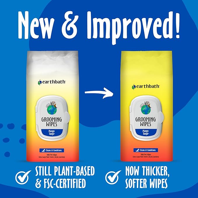 earthbath, Mango Tango Grooming Wipes - Dog Wipes for Paws and Butt, Best Pet Wipes for Dogs & Cats, Made in USA, Cruelty-Free Dog Cleaning Wipes, Removes Dirt & Dander - 100 Count (2 Pack)