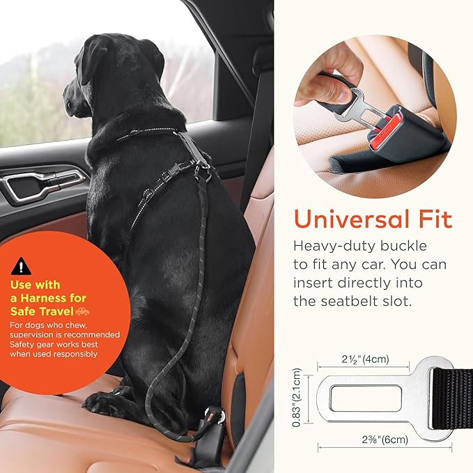 Dog Seat Belt for Car | Universal Dog Car Seatbelt | Durable Reflective Rope with Clip Hook Latch, Buckle and Carabiner- Safe and Secure Pet Safety Restraint (Black)
