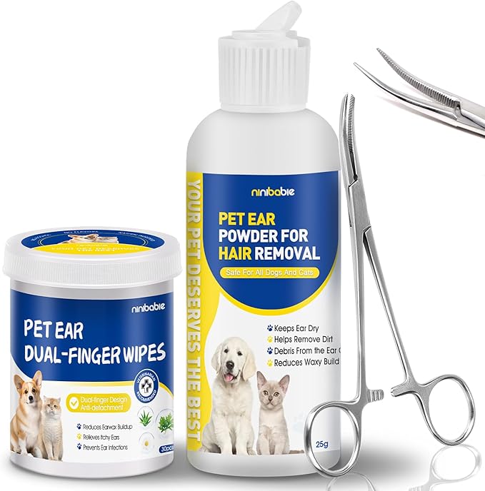 Dog Ear Hair Removal Tool,Dog Ear Infection Treatment with 5.5 Inch Tweezers Curved, Dog Ear Finger Wipes,All Natural Ingredients,Soothes Itchy Ears & Relieve Scratching