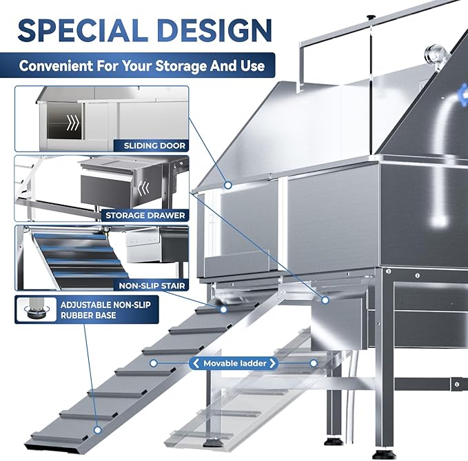 46" Dog Washing Station, Professional Stainless Steel Dog Bathtub for Large, Medium & Small Pet. Height Adjustable Grooming Tub W/Drawer, Ramp, Floor Grate & Fauct(Left Ramp)