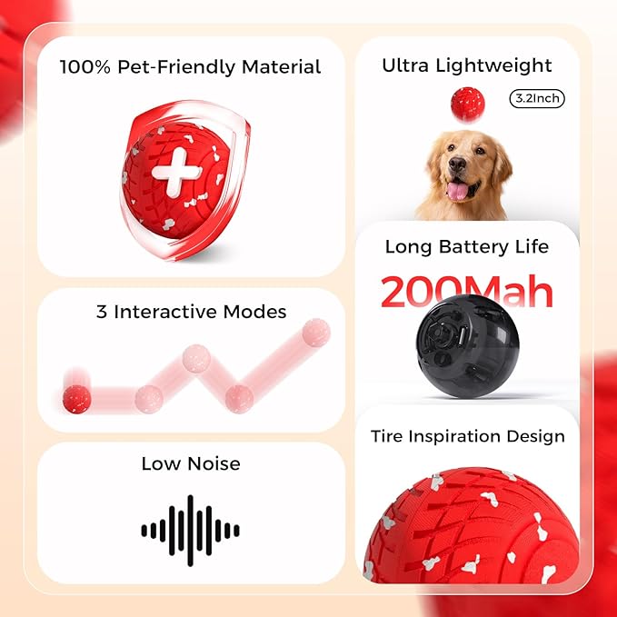 Diman Interactive Dog Ball Toys, Automatic Dog Toy, Moving Dog Toy, Vibrating, Bouncing and Rolling, E-TPU Matrial, Interactive Dog Toys for Aggressive Chewers (3.2 Inch, Red White)