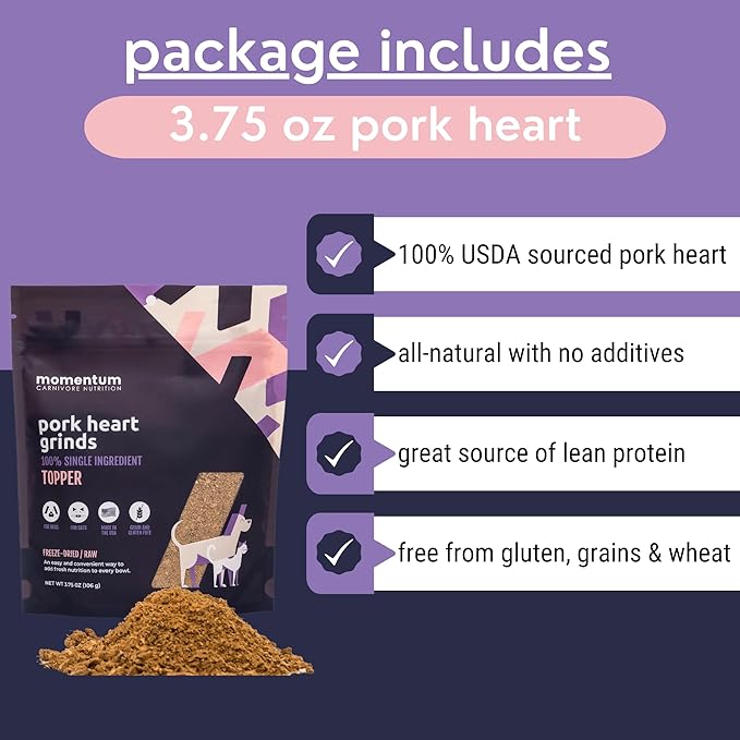 Momentum Carnivore Nutrition Freeze-Dried Pork Heart Pet Food Topper – Single-Ingredient, All-Natural Topper – High-Protein for Dogs and Cats, Grain-Free and Made in The USA– (3.75 oz Bag)