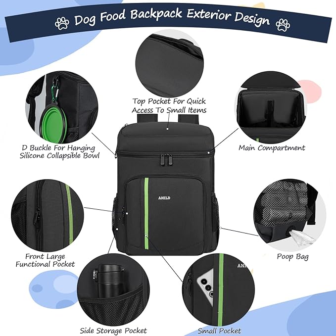 ANILD Dog Travel Backpack - Airline Approved Double-layer Pet Travel Bag Accessories with 2 Food Storage Bag and 2 Foldable Silicone Bowls for Hiking & Camping