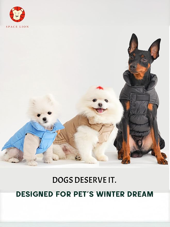 SPACE LION Dog Puffer Jacket, Down Winter Coat, Durable Outdoor Coat for Cold and Windy Conditions, Lightweight & Adjustable Fit Coats for Small Dogs, (Khaki, Size10/S)