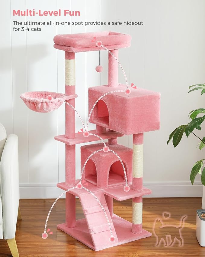 Pink Cat Tree for Large Cats with Super Large Top Perch,56.2" Multi-Level Tower for Indoor Cats with Hammock, Cat Shelves with Scratching Posts and 2 Condos Houses, Pink