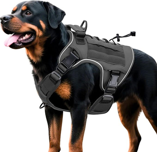 Heavy-Duty Tactical Dog Harness for Large Dogs, No Pull Adjustable Reflective Pet Vest with Molle System, K9 Military-Grade Control for Service Training, Outdoor & 10+ Breeds, Gray, X-Large