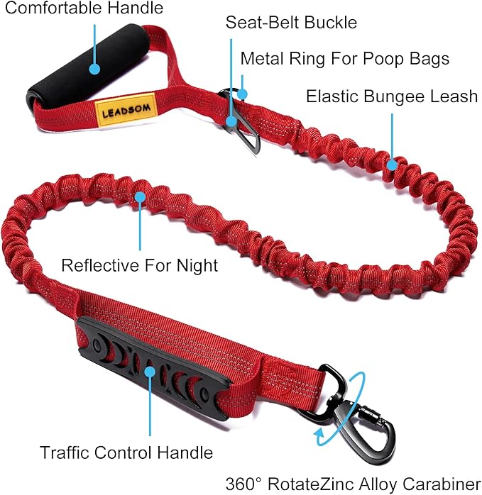 6FT Highly Reflective Heavy Duty Elastic Bungee Medium and Large Dog Leash Shock Absorbing with Comfortable Padded Handle and Traffic Handle Suitable for Training Red