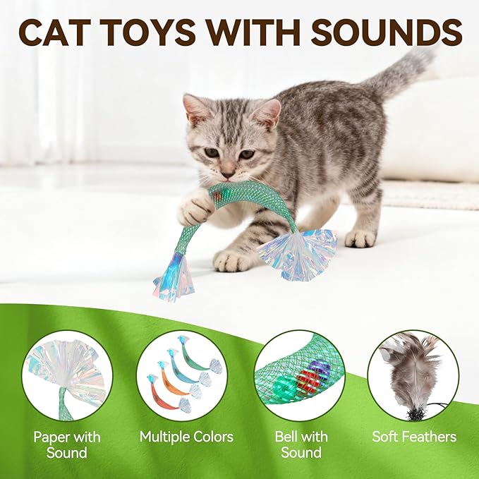 12 Pcs Cat Chew Rope, Interactive Chew Toys Set - Crinkle Jingle Elastic Rope, Gall Fruit Feather Refill & Mesh Spring Toys for Kittens & Adult Indoor Cats