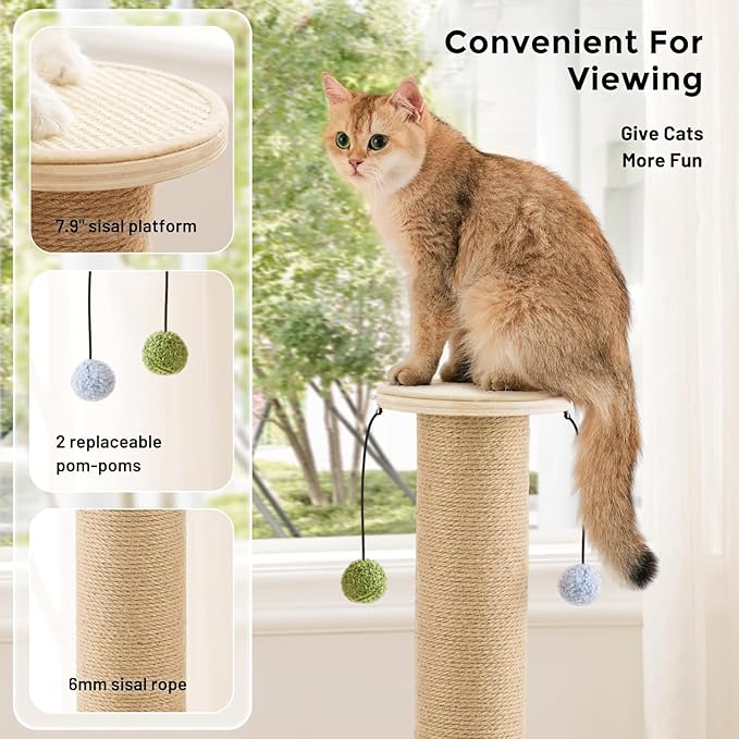 35'' Tall Cat Scratching Post, 4.7'' Large Scratch Post with Thicken Wooden Base for Indoor Cats Adults, Sisal Scratcher Top & Dangling Balls, Super Sturdy
