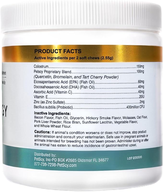 PetScy Itch & Allergy Plus Chews for Dogs Itchy Skin, Ears & Paws | Probiotics, Moringa & Turmeric | for Skin Redness, Hair Loss Gut & Digestive Health - Bacon Flavor - 60 Chews (Pack of 3)