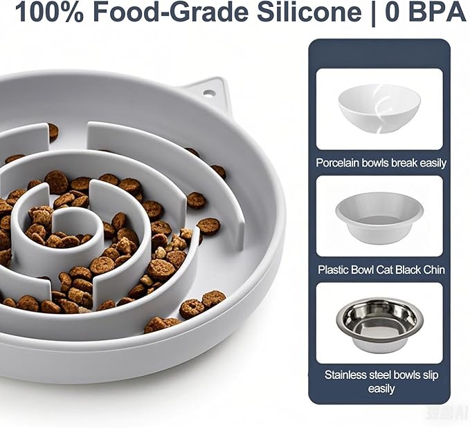 Slow Feeder Cat Bowl, Durable Anti-Gulping Cat Food Bowl for Healthy Digestion, Maze Design Easy to Clean for Wet/Dry Food(Grey)