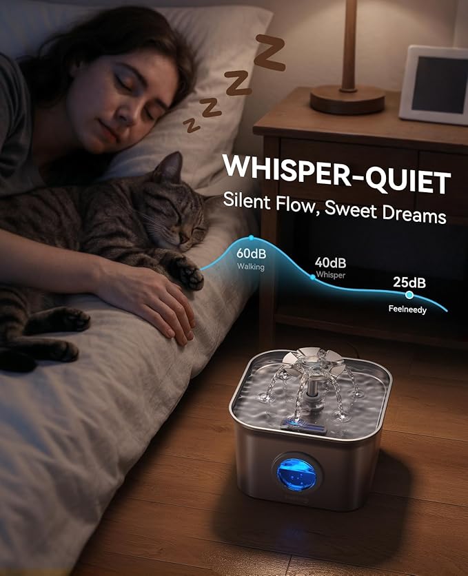 Stainless Steel Cat Water Fountain for Drinking with 9 Filters, 2.8L Auto Pet Drinking Fountain for Cats with 20dB Ultra-Quiet Pump, 24/7 Circulation Filtration LED Water Level Window Dishwasher Safe