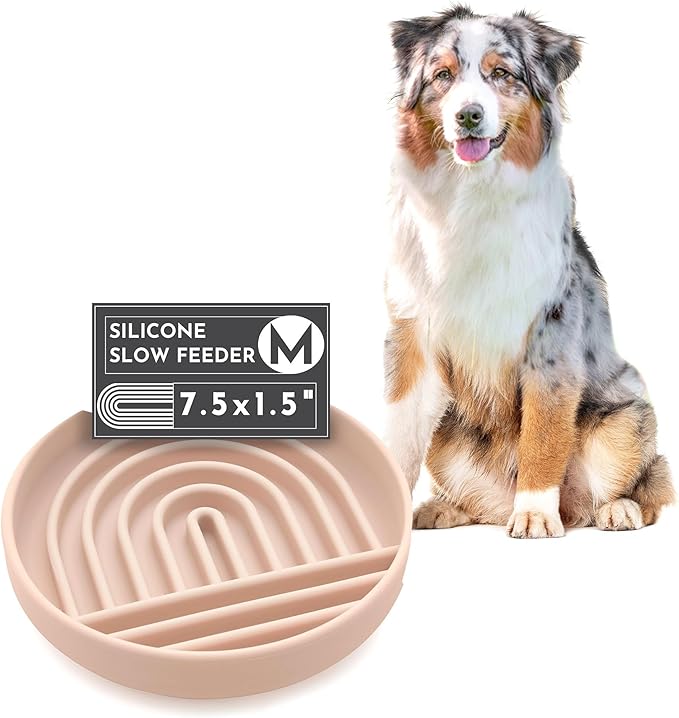 Should We Go? Slow Feeder for Dogs & Puppies, The Slowdown Bowl Silicone Slow Eating, Modern Lick Mat Design, Reduces Gulping, Fits 2 Cups, 7.5” Across x 1.5” Tall, Mealtime Challenge, Medium-Tan