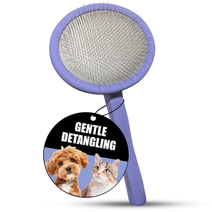 Tauro Pro Line Dog Brush for Shedding - Goldendoodle, Labradoodle & Poodle Long or Medium Hair - Slicker Brush for Dogs & Cat Grooming, Round Flexible Cushion & Non-Slip Grip (Size M - Purple)