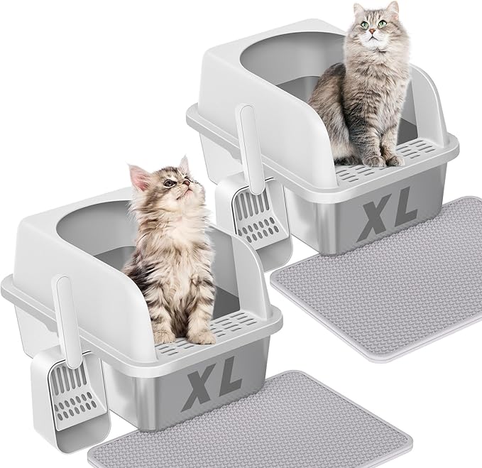Prodigen Extra Large Stainless Steel Cat Litter Box with Lid High Wall Sides Enclosure, Non-Sticky, Anti-Leakage, Easy Cleaning，with Cat Mat & Metal Scoop, 24" L x 16" W x 12" H, 2 Pack