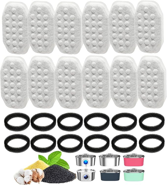 12 Pack 3.2L/108oz Cat Water Fountain Filters Replacement and 12 Pack Pre-Filter Sponges for Stainless Steel Automatic Pet Fountain Dog Water Fountain