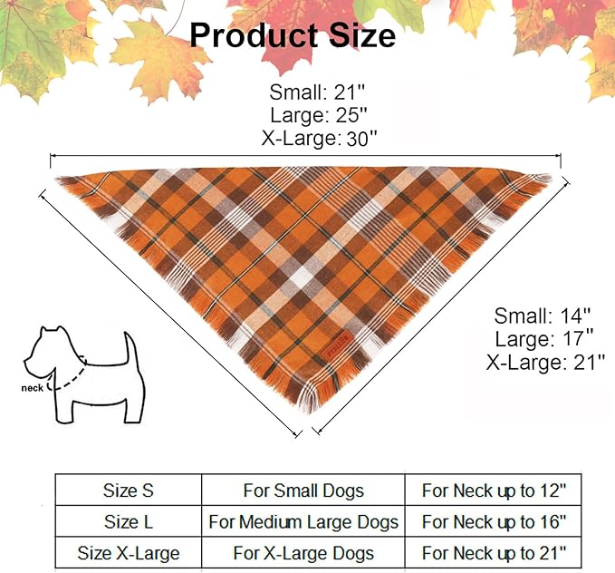 PTDECOR Fall Dog Bandanas with Tassels Edges, 2 Pack Orange Plaid Scarf Bib, Halloween Thanksgiving Pet Bandana, Reversible Triangle Bandanas for Medium Large Dogs Pets (Large)