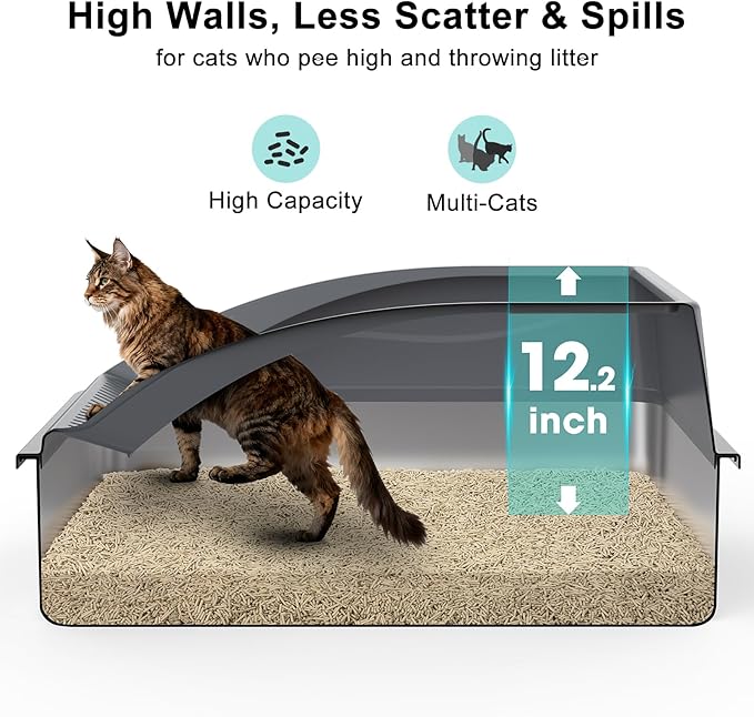 Stainless Steel Litter Box Extra Large for Big Cats and Multi-Cats | Jumbo Extra Large Metal Cat Box with High Sided Lid, Anti-Urine Leakage, Non-Stick,Include Litter Scoop