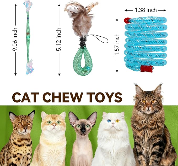 12 Pcs Cat Chew Rope, Interactive Chew Toys Set - Crinkle Jingle Elastic Rope, Gall Fruit Feather Refill & Mesh Spring Toys for Kittens & Adult Indoor Cats