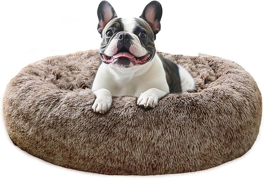 JOLLYVOGUE Calming Dog Bed Medium Size Dog, Anti-Anxiety Donut Medium Pet Bed, 27 inches Fluffy Faux Fur Round Cat Bed (Smoke Brown)