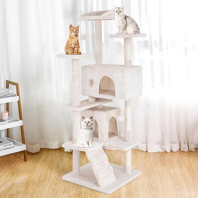 PayLessHere Cat Tree 54in Tower with Cat Scratching Post,Multi-Level Stand House Furniture Kitty Activity Center with Furry Ball Toys for Indoor (Beige)