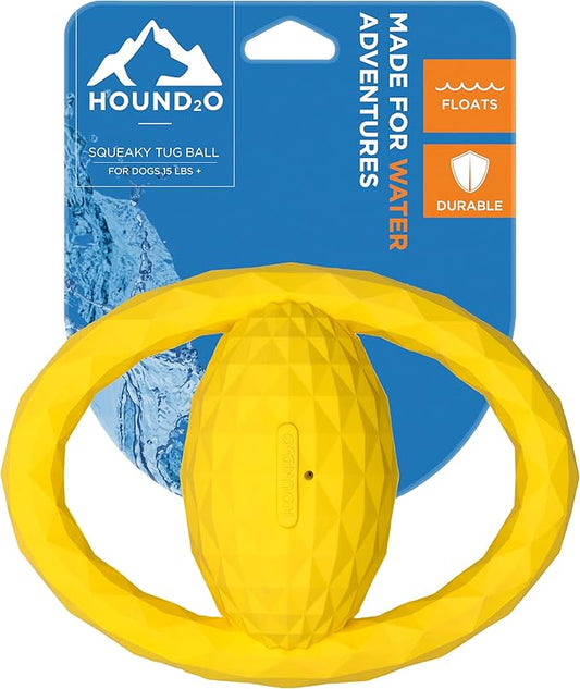 Playology Hound2O Dog Toys | Squeaky Tug Ball Toy for Tug of War | Yellow Floating Outdoor Toy - Easy to Clean and Made from Non Toxic Materials