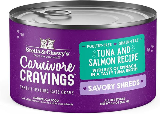 Stella & Chewy's Carnivore Cravings Savory Shreds - Wet Cat Food - High-Moisture Formula with Premium Real Meat - Perfect for Picky Eaters - Tuna & Salmon Recipe, 5.2 oz, 24 Count