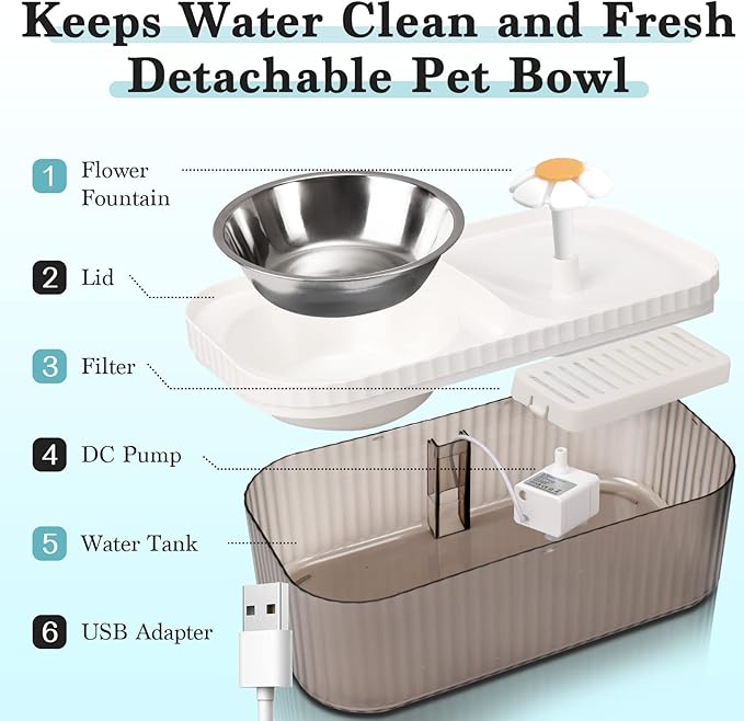 Cat Water Fountain, Cat Feeding & Watering Supplies, Super Quiet Automatic Water Fountain for Cats Inside, Pet Water Dispenser 100oz/3L with Stainless Steel Cats Bowls and Long Life Span Pump