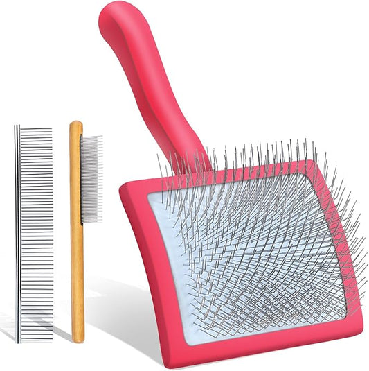 Large Dog Slicker Brush for Shedding & Curly Coat, Long Hair Dogs & Cats, Doodles, Poodles & Goldendoodles, Long Pin Grooming Brush with Wooden Handle, 3 Pcs Comb Set for Mats/Tangles. Red