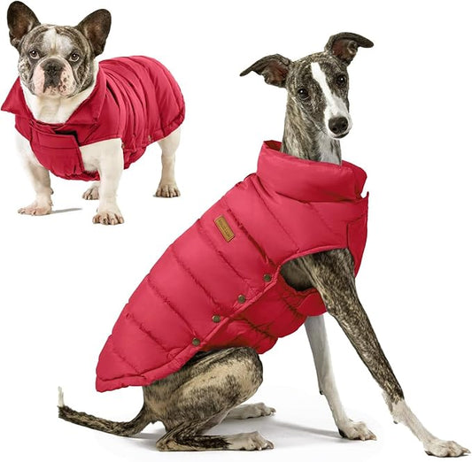 SPACE LION Dog Puffer Jacket, Down Winter Coat, Durable Outdoor Coat for Cold and Windy Conditions, Lightweight & Adjustable Fit Coats for Medium Dogs, (Red, Size14/L)