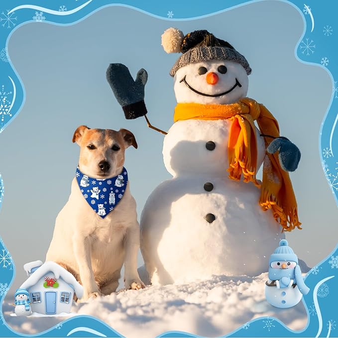 Preboun 200 Pcs Winter Dog Bandanas Bulk Blue Snowflakes Snowmen Bandanas for Dogs Triangle Kerchief Bibs Scarf for Pet Costume Photo Props Accessories Grooming Services Pet Shops Groomers, 25 Styles