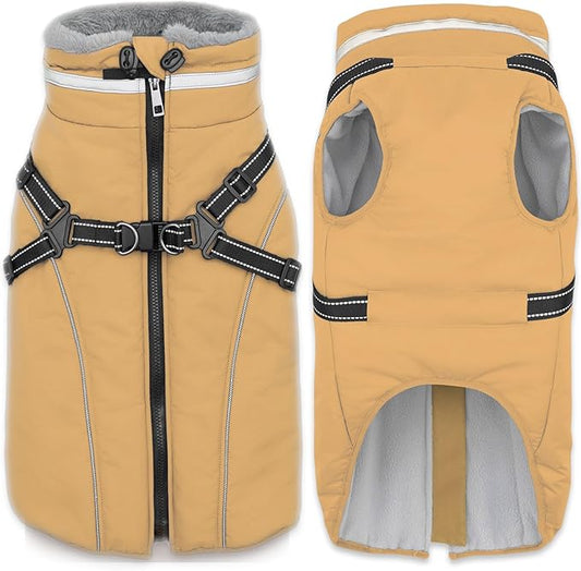 Fragralley Dog Coat with Harness Built in, Waterproof Windproof Reflective Warm Puffer Jacket, Fleece Lined Vest Winter Parka for Small, Medium, Large Dogs