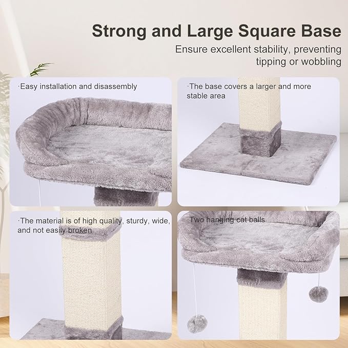 34" Tall Cat Scratching Post with Bed, Sisal Scratch Posts Trees with Plush Perch and Hanging Ball for Indoor Cats, Removable Cover, Large Scratch Post and Base, Rugged and Durable, Light Grey
