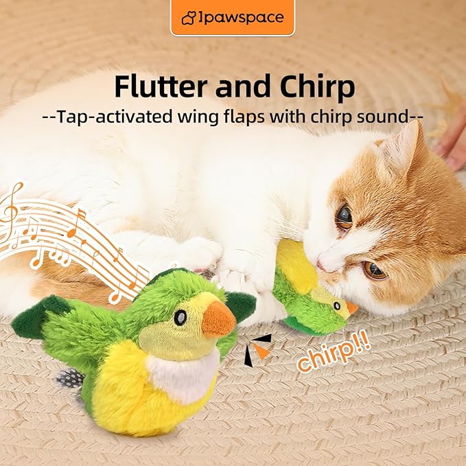 Interactive Flapping Bird Cat Toy with Catnip, Touch Activated Rechargeable, Musical Sound (can Turn Off), Satisfy Cat's Natural Huting Instinct, Soft Plush Washable Cover (Green)