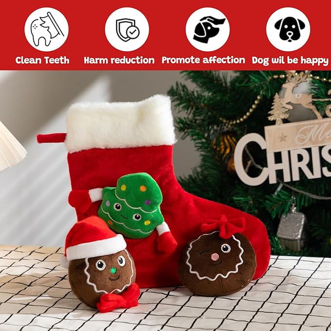 Hollypet Squeaky Dog Toy, Interactive Plush Hide and Seek Dog Toys for Small Medium Sized Dogs and Non-Aggressive Chewers, Puppy Teeth Clean Chew Toys, Christmas Stocking