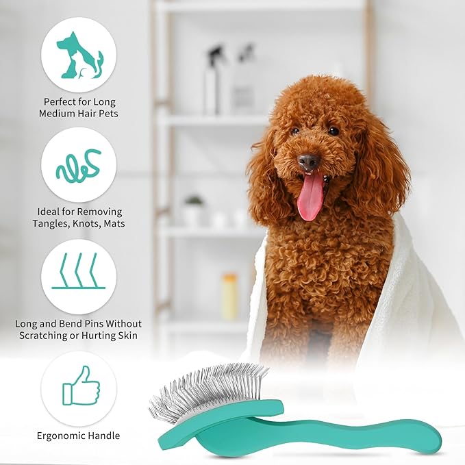 Slicker Brush for Dogs, Long Pin Dog Grooming Brush for Goldendoodles, Poodles, Doodles & More, Includes Bonus Pet Comb, Perfect for De-Shedding, Dematting & Reducing Tangles. Large, Green