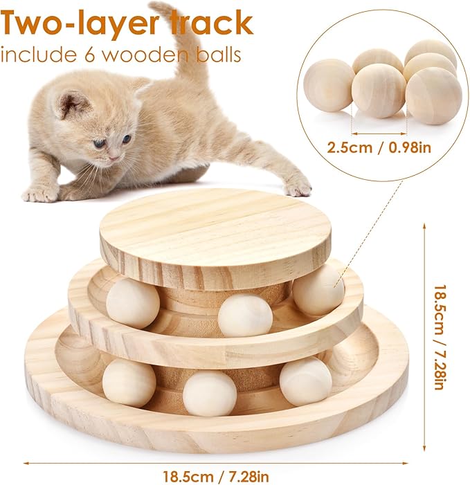 Cat Ball Track Toy, Double-Layer Tower cat Toy Roller, Interactive Wooden cat Toy - no Card Ball, Anti Slip, no Assembly Required, Ideal Choice for Physical and Mental Exercise of Kittens