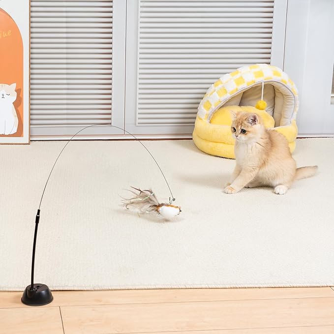Cat Wand Toys, Interactive Bird Simulation Cat Toy for Indoor Cats,Teaser Wand Self-Holding Suction Cups Base with 5pcs Detachable Replacements Feathers Toys