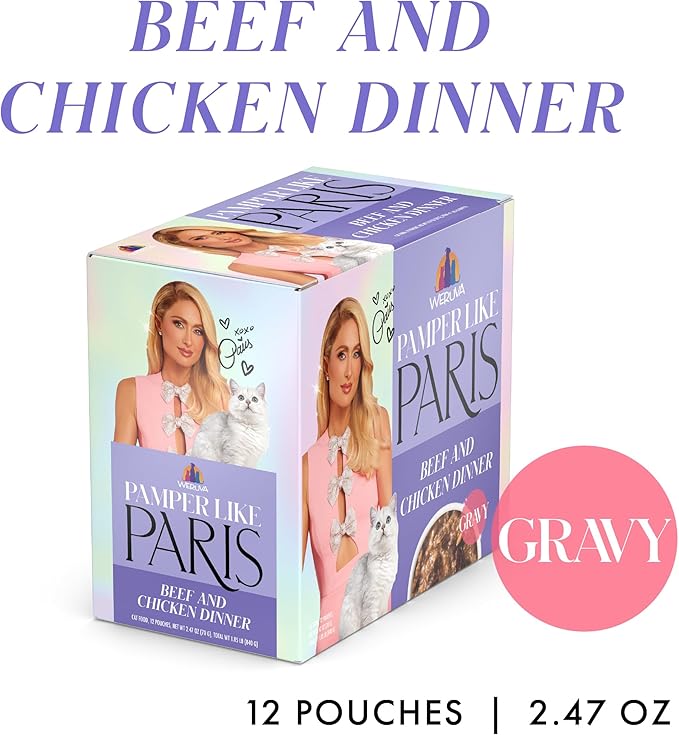 Weruva Paris Hilton Pamper Like Paris Wet Cat Food, Beef and Chicken in Gravy, 2.47oz Pouch, Pack of 12