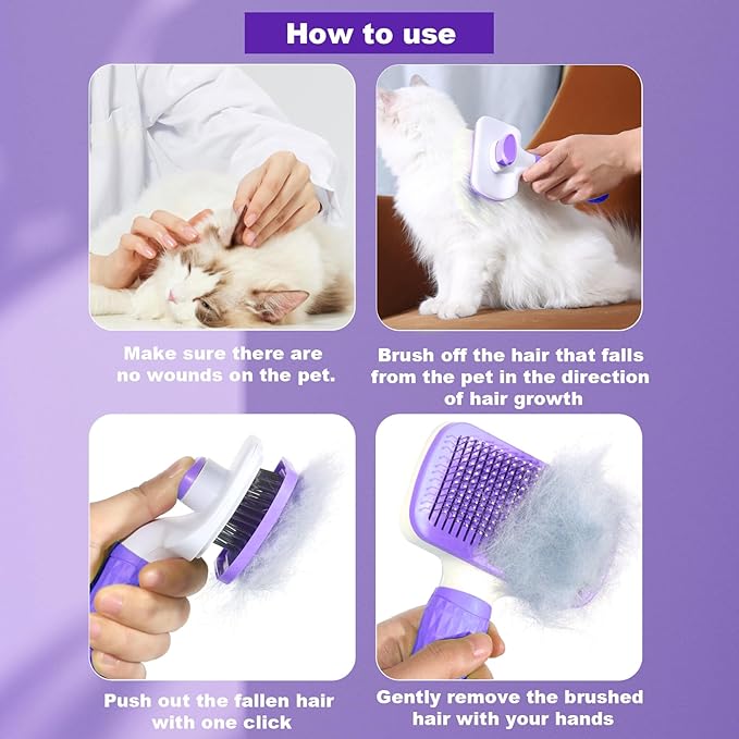 Pet Grooming Brush for Cats & Dogs, Self-Cleaning Undercoat Deshedding & Massage Tool, Purple