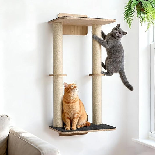 Veehoo Wall Mounted Cat Scratcher, 28.3" Cat Wall Scratcher with Dual Sisal Scratching Posts and Large Carpeted Perch, Corner Climbing Pole for Indoor Cats