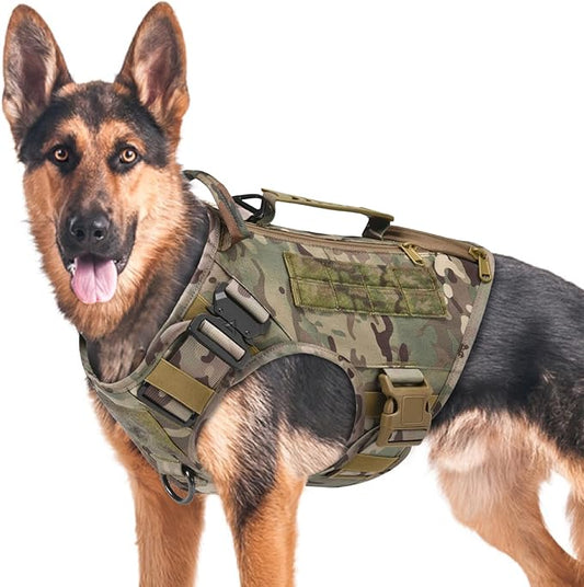 Tactical Dog Backpack Harness for Large Breed Original Design Metal Buckle Vest with Side Bags Pouches for Service Working Training (Camouflage (Vest only), M)