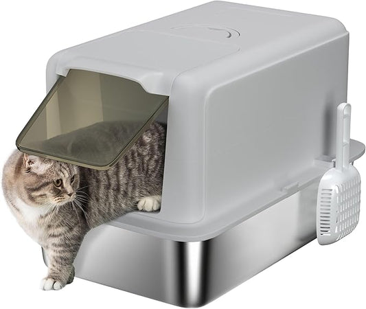 PawHut Stainless Steel Cat Litter Box, Extra Large 2 in 1 Metal Kitty Litter Pan with High Enclosure, Removable Lid & Scoop, Filter Bags, Easy to Clean, for Small to Large Kittens, Gray