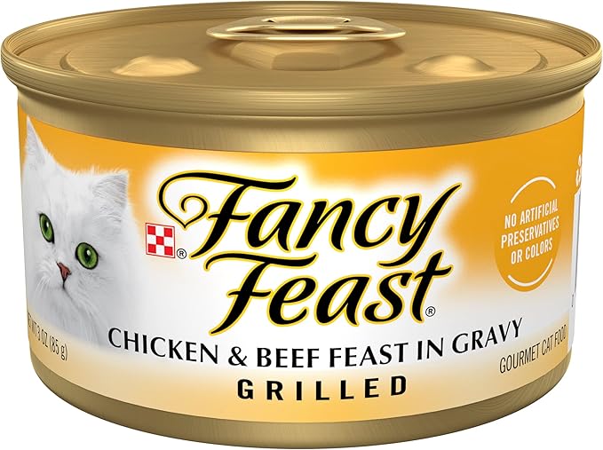 Purina Fancy Feast Grilled Wet Cat Food, Grilled Chicken & Beef Feast in Gravy, Wet Cat Food with No Artificial Preservatives or Colors, 3 OZ Can (Pack of 12)