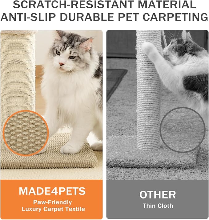 Made4Pets Tall Cat Scratching Post, 23.6" Natural Sisal Cat Scratcher with Hanging Balls, Heavy Duty and Thicker Scratching Post for Indoor Cats Adults, Sturdy Base Cat Scratch Post, Beige