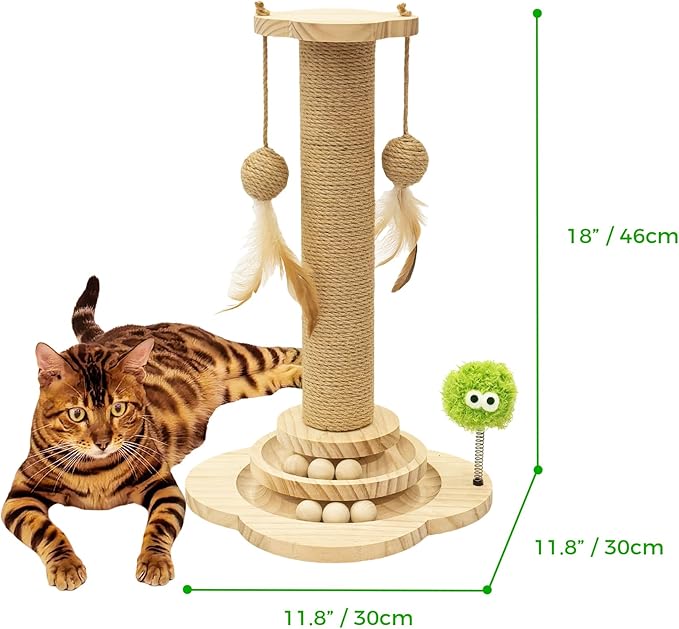 TINYBEAST Wooden Cat Scratching Post, 4 in 1 Cat Scratcher Toy with Cat Ball Tracks, 18" Tall Sisal Scratch Post for Indoor Kittens Adult Cats, Interactive Feather Toy and 2 Sisal Hanging Balls